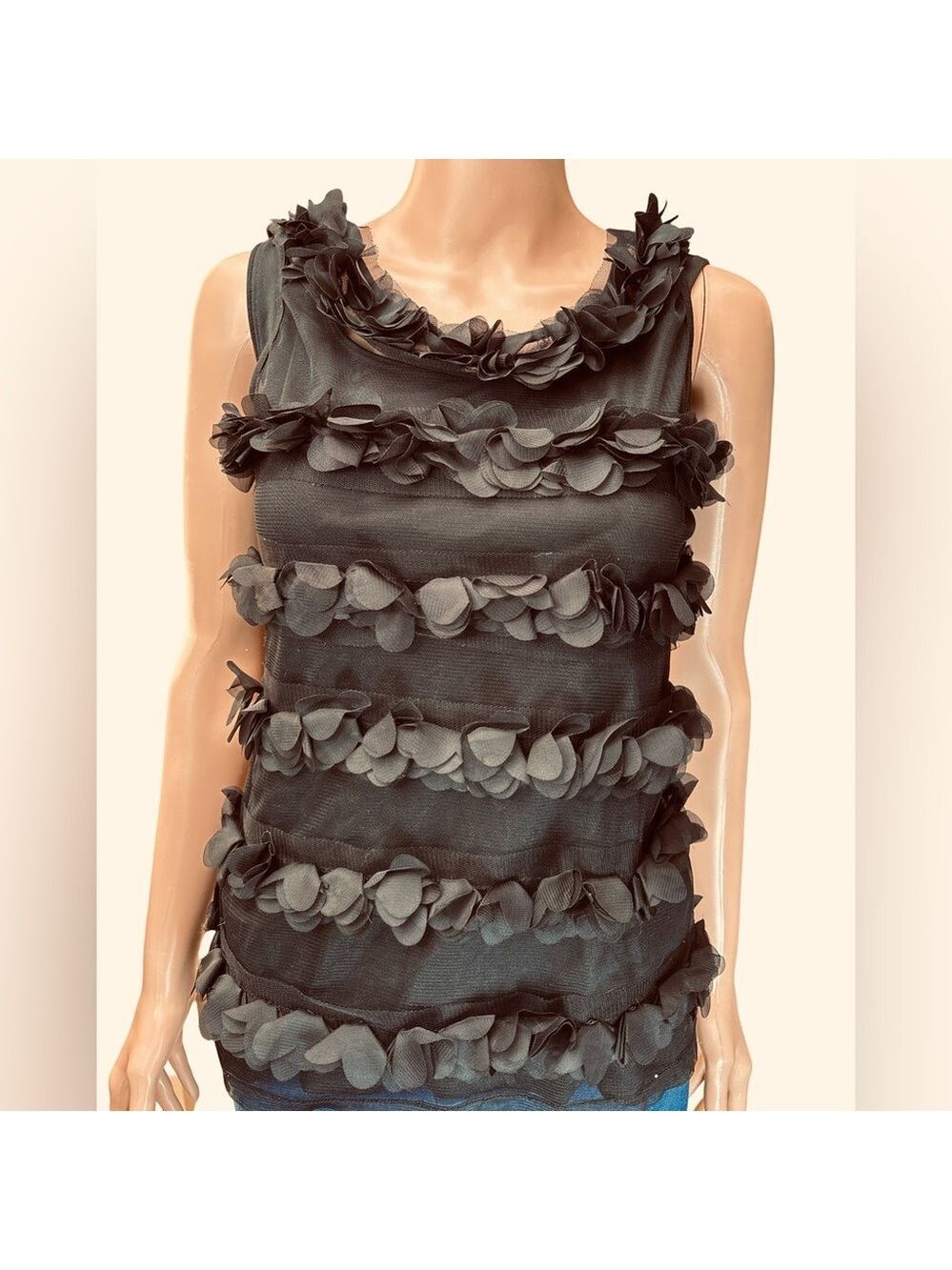 Romantic Fiona Elegant Black Sheer Sleeveless Top with Floral Accents Small